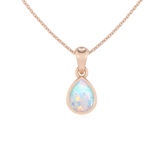 lab grown opal pear solitaire necklaces in rose gold