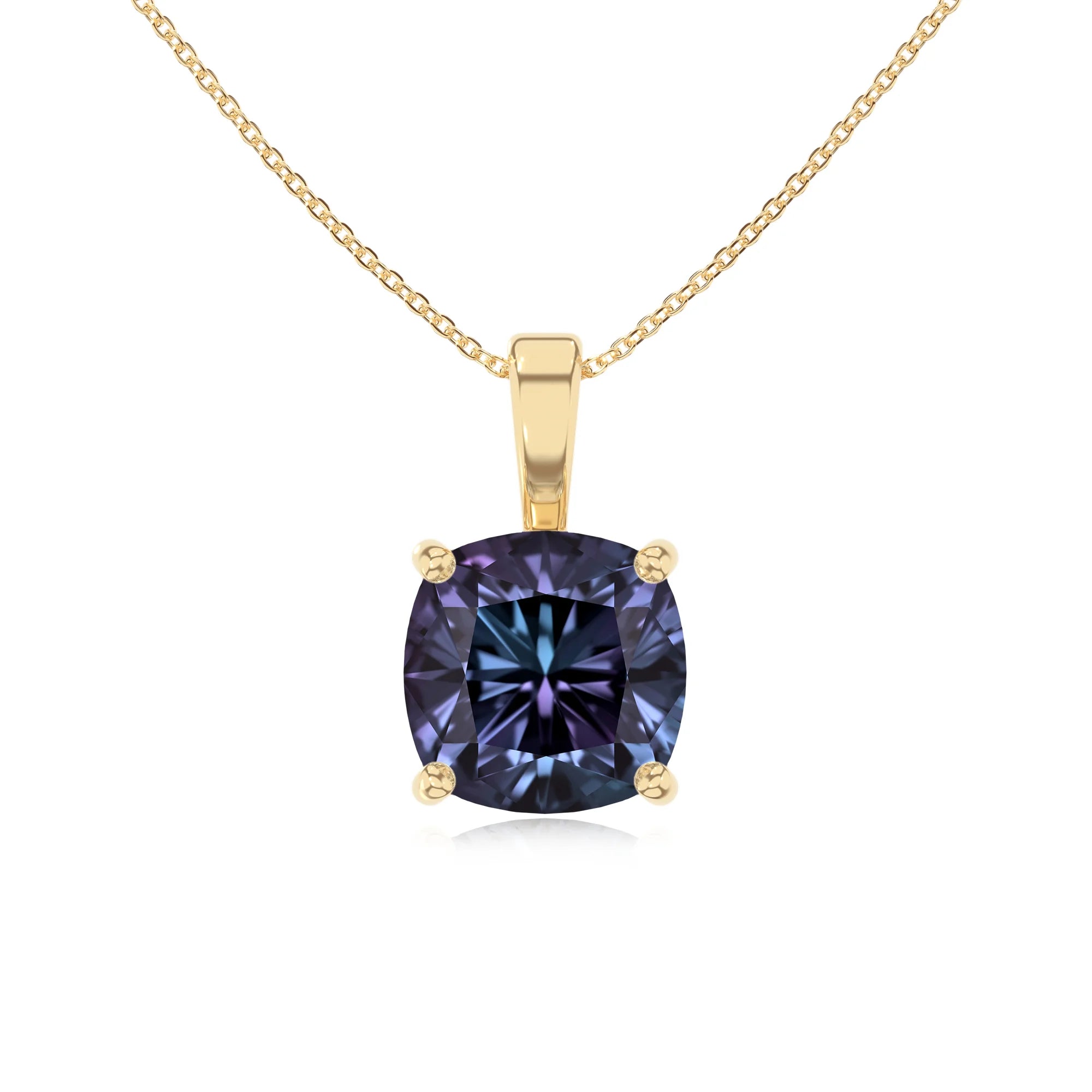 lab grown alexandrite cushion solitaire necklaces in yellow gold