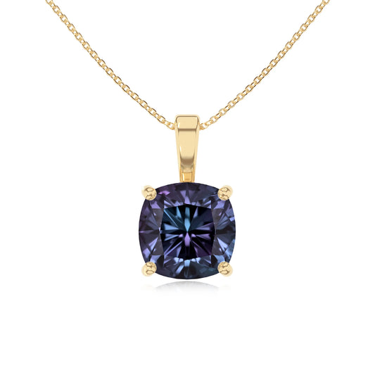 lab grown alexandrite cushion solitaire necklaces in yellow gold