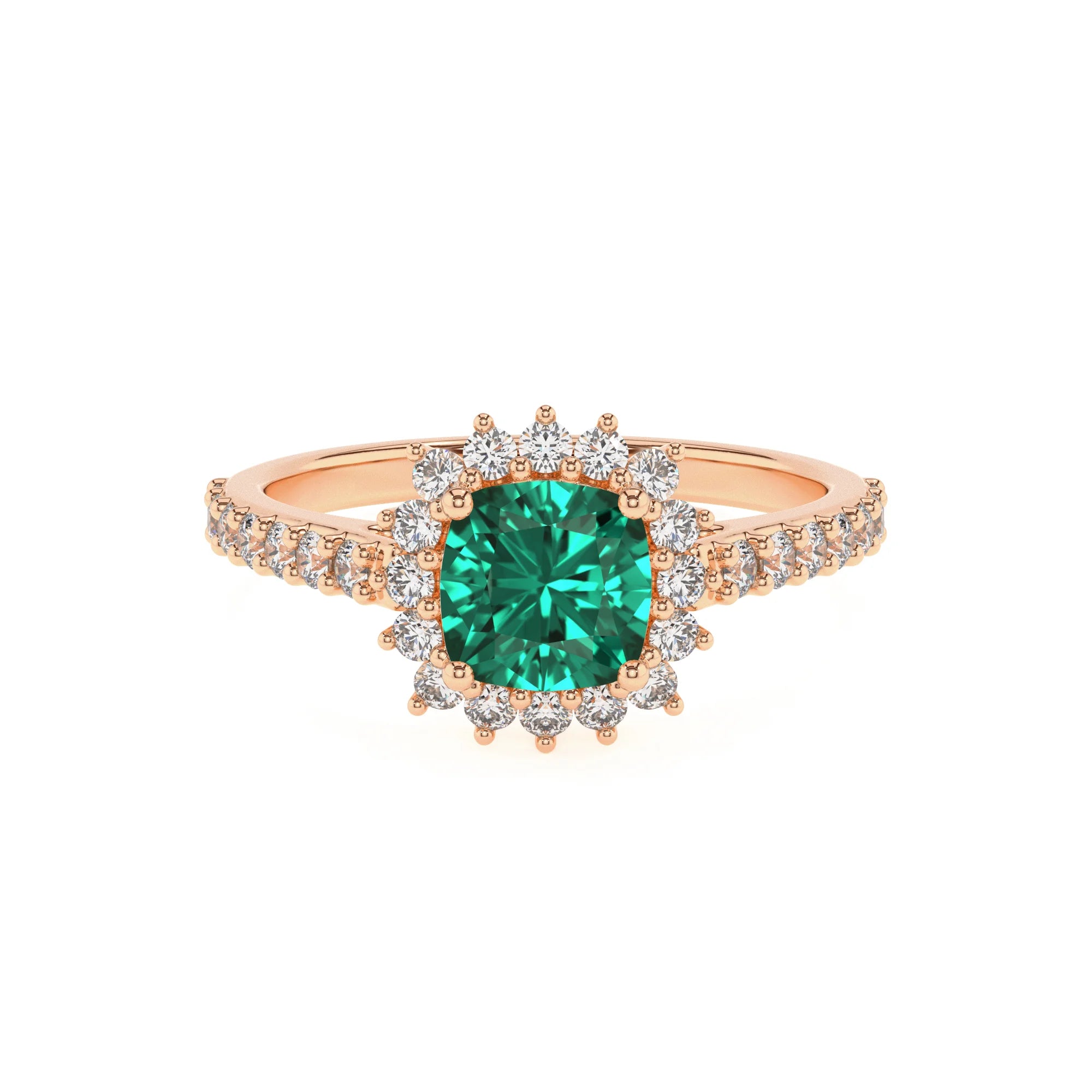 lab grown emerald cushion solitaire rings in rose gold