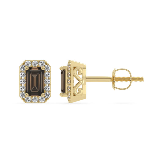 natural smoky quartz emerald cut stud earrings in yellow gold