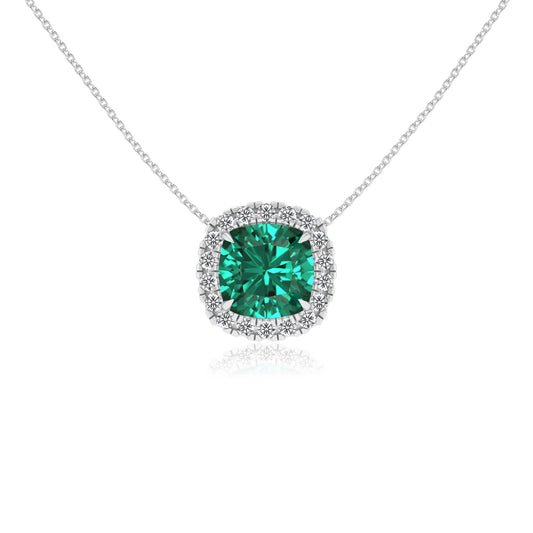 lab grown emerald cushion solitaire necklaces in platinum