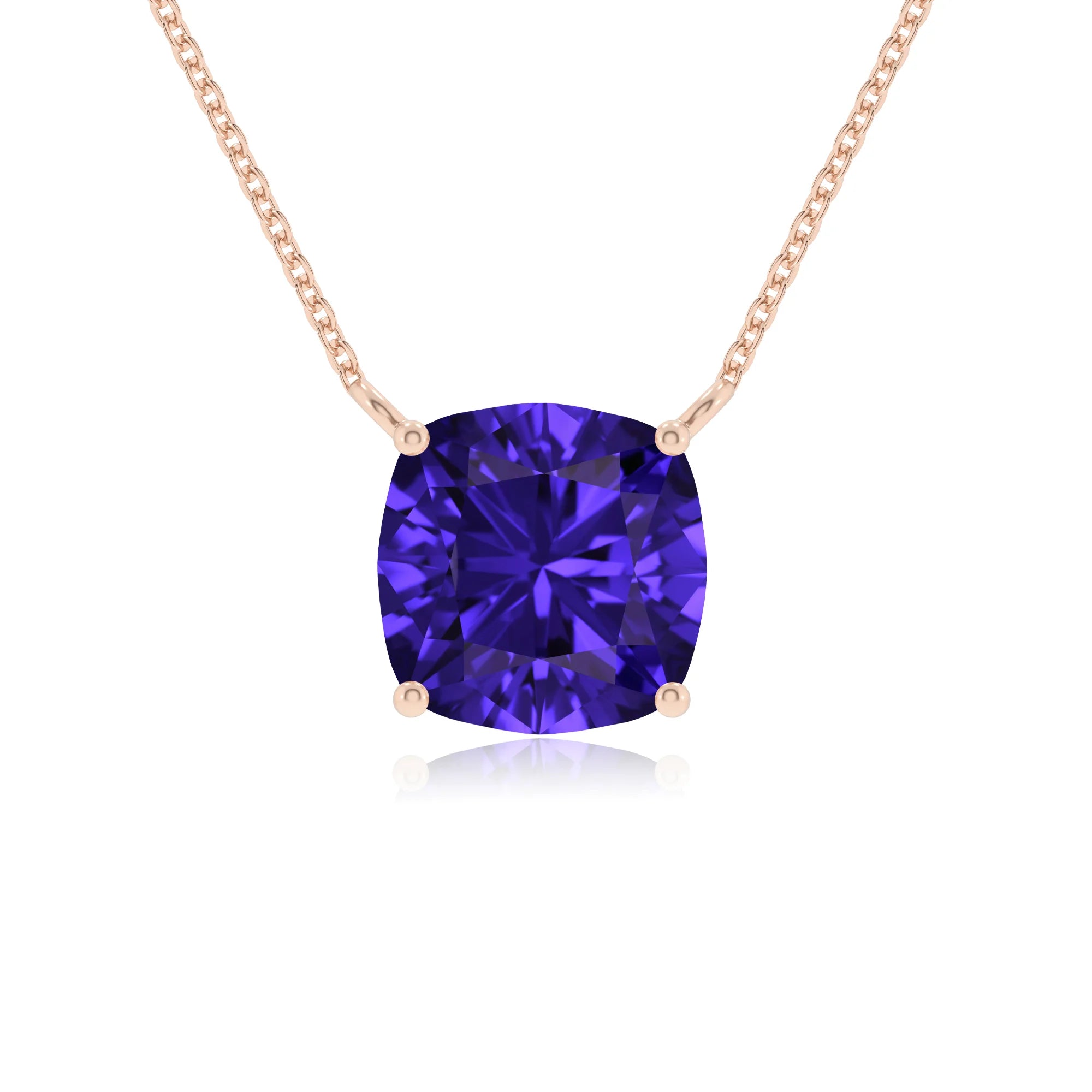 lab grown tanzanite cushion solitaire necklaces in rose gold