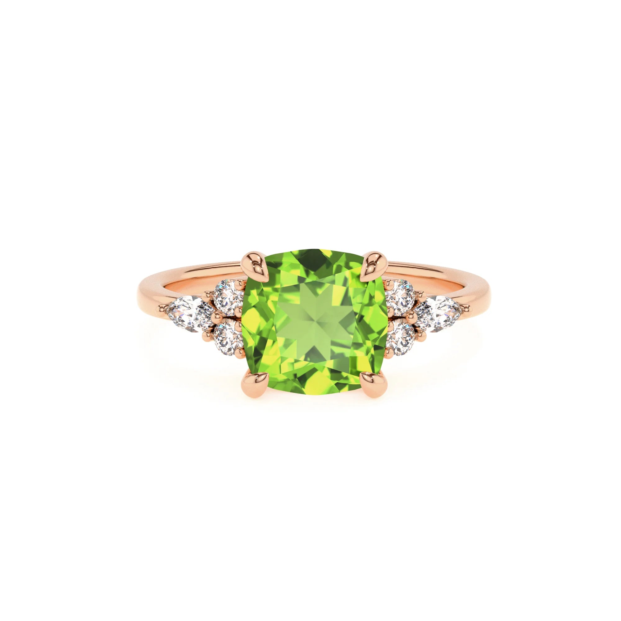 natural peridot cushion solitaire rings in rose gold