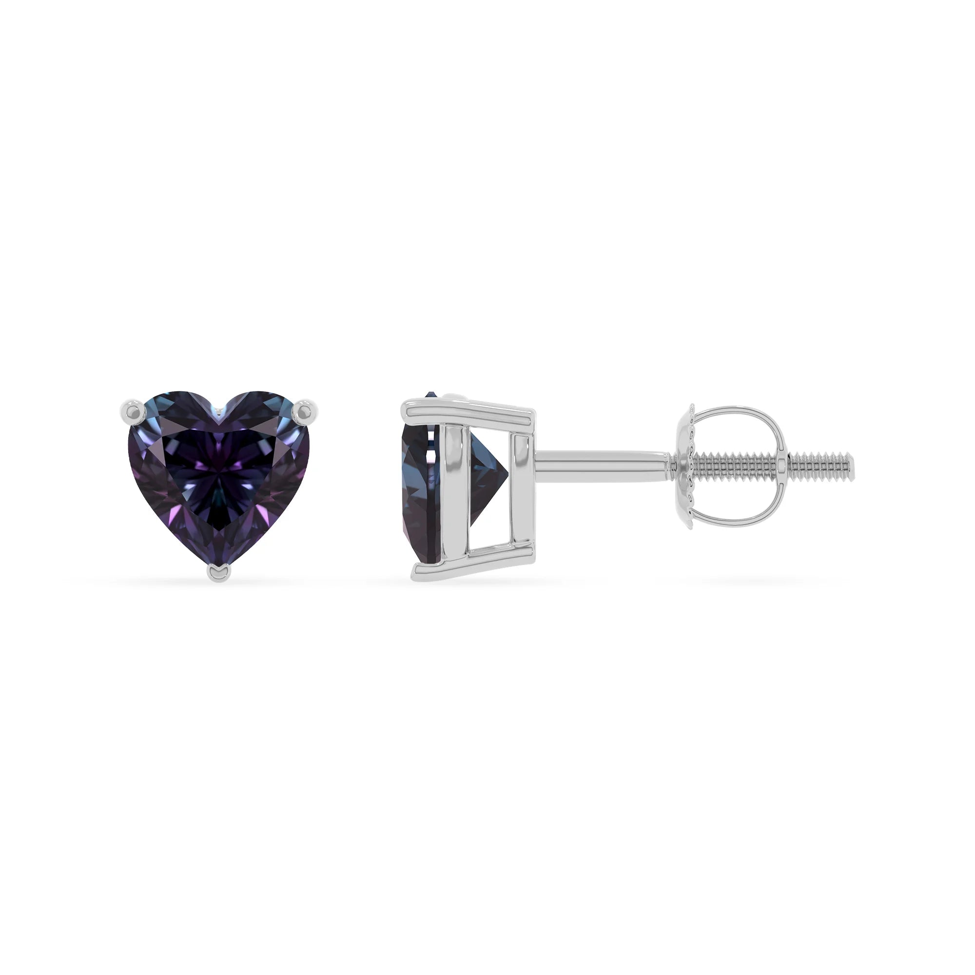 lab grown alexandrite heart stud earrings in white gold