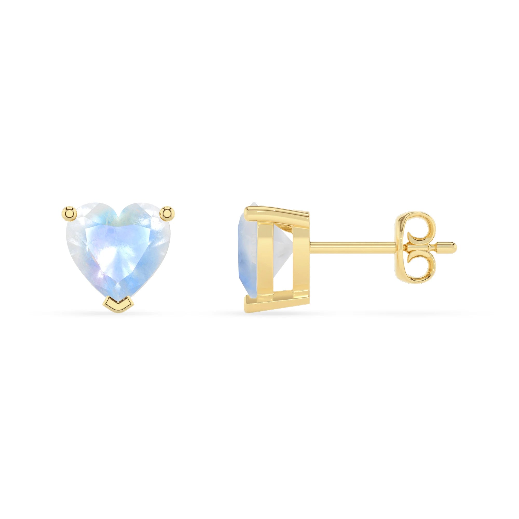 natural rainbow moonstone heart stud earrings in yellow gold