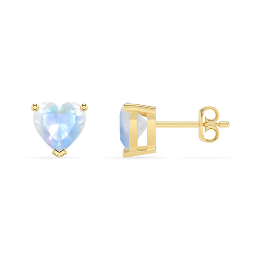 natural rainbow moonstone heart stud earrings in yellow gold