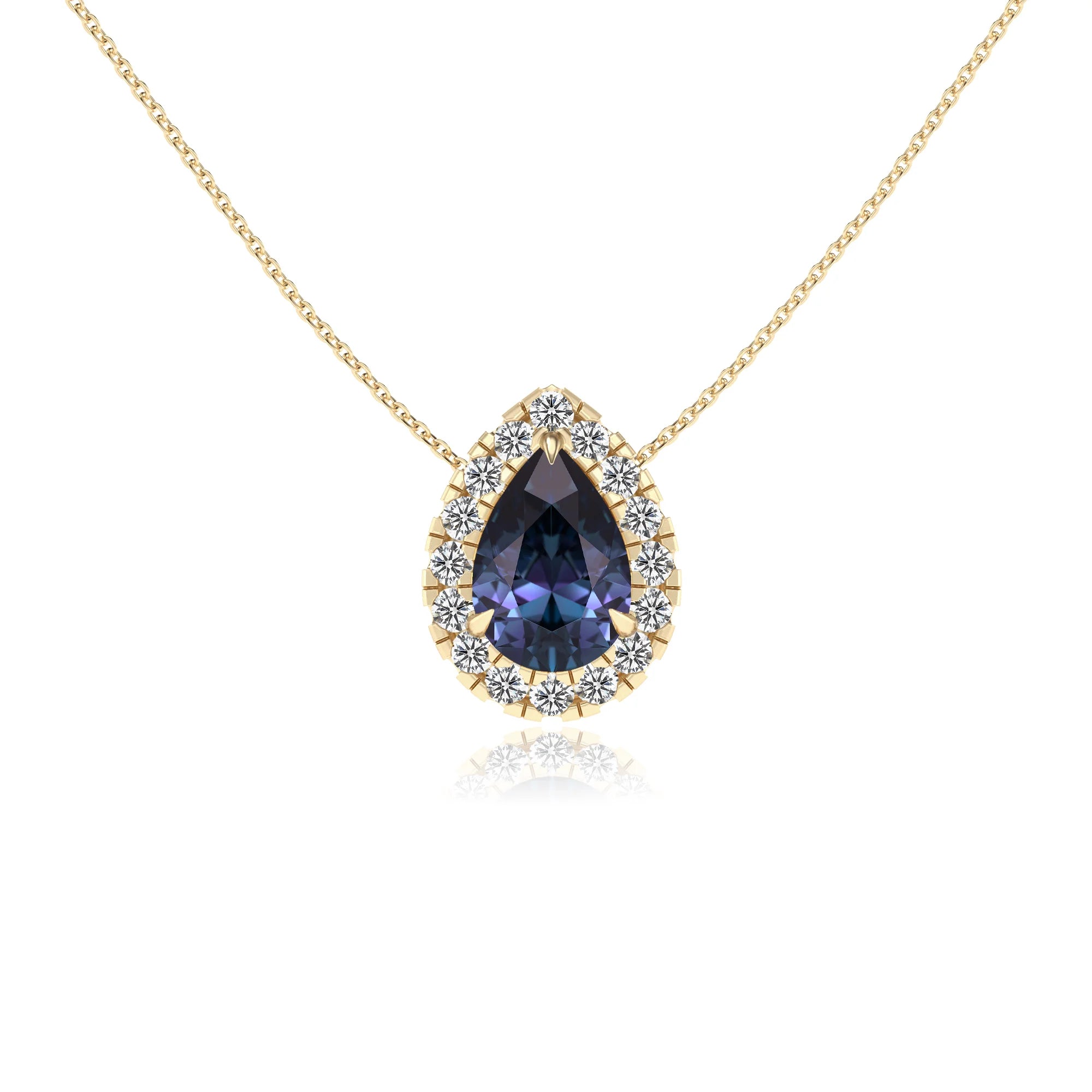 lab grown alexandrite pear solitaire necklaces in yellow gold
