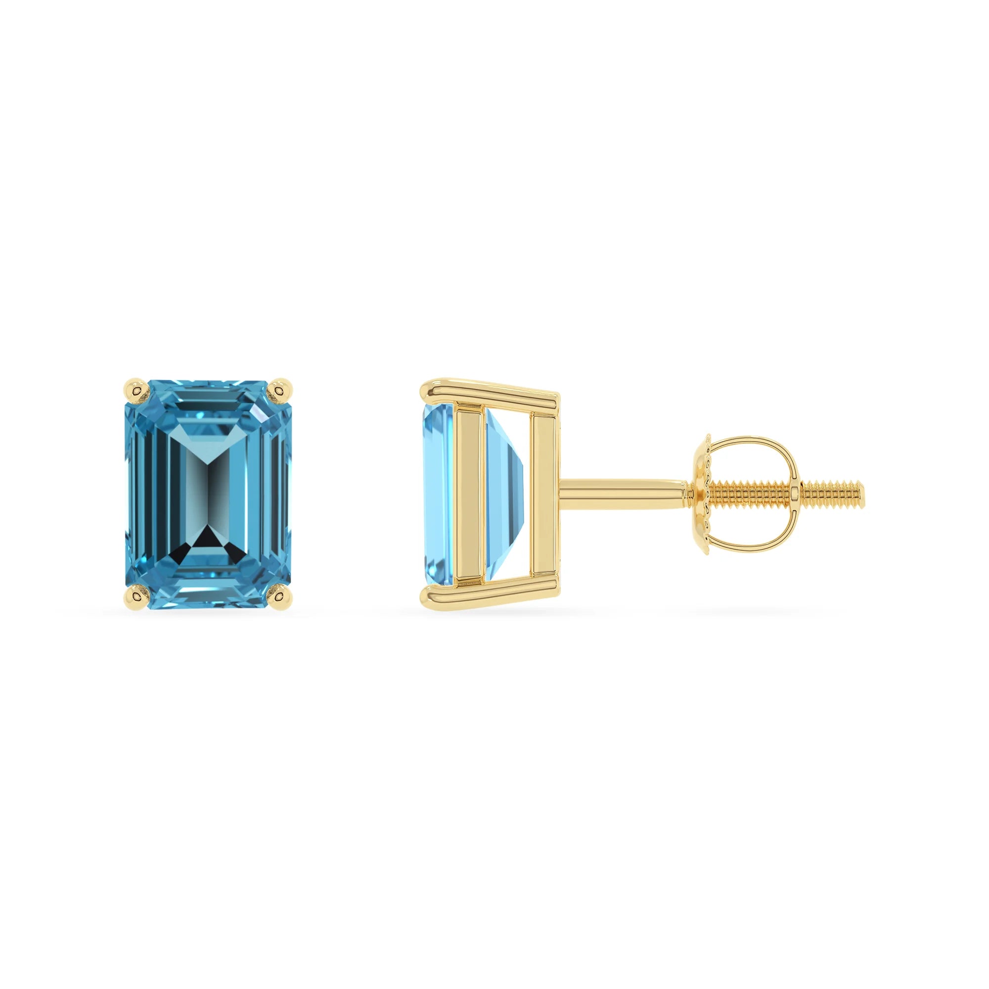 natural swiss blue topaz emerald cut stud earrings in yellow gold