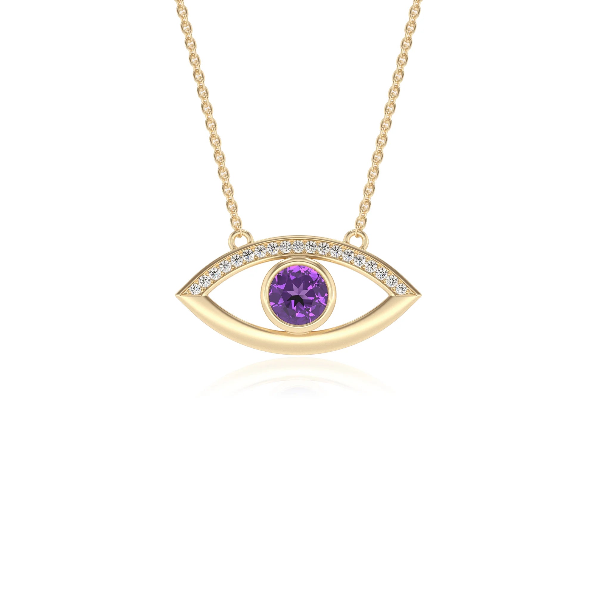 lab grown amethyst round solitaire necklaces in yellow gold