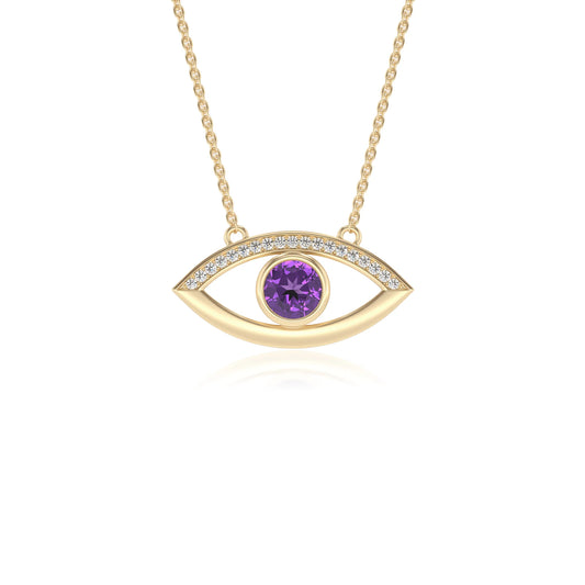 lab grown amethyst round solitaire necklaces in yellow gold