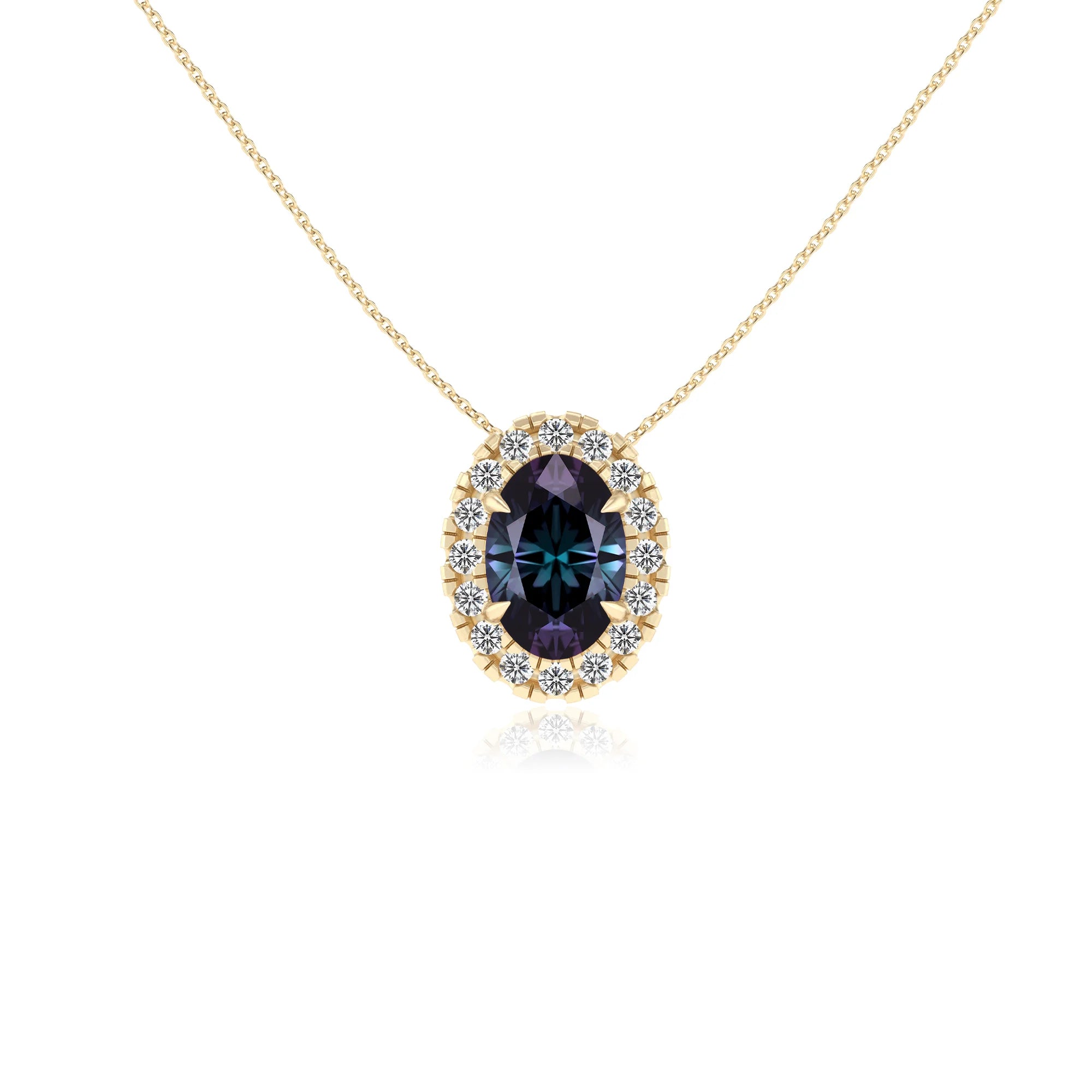 lab grown alexandrite oval solitaire necklaces in yellow gold