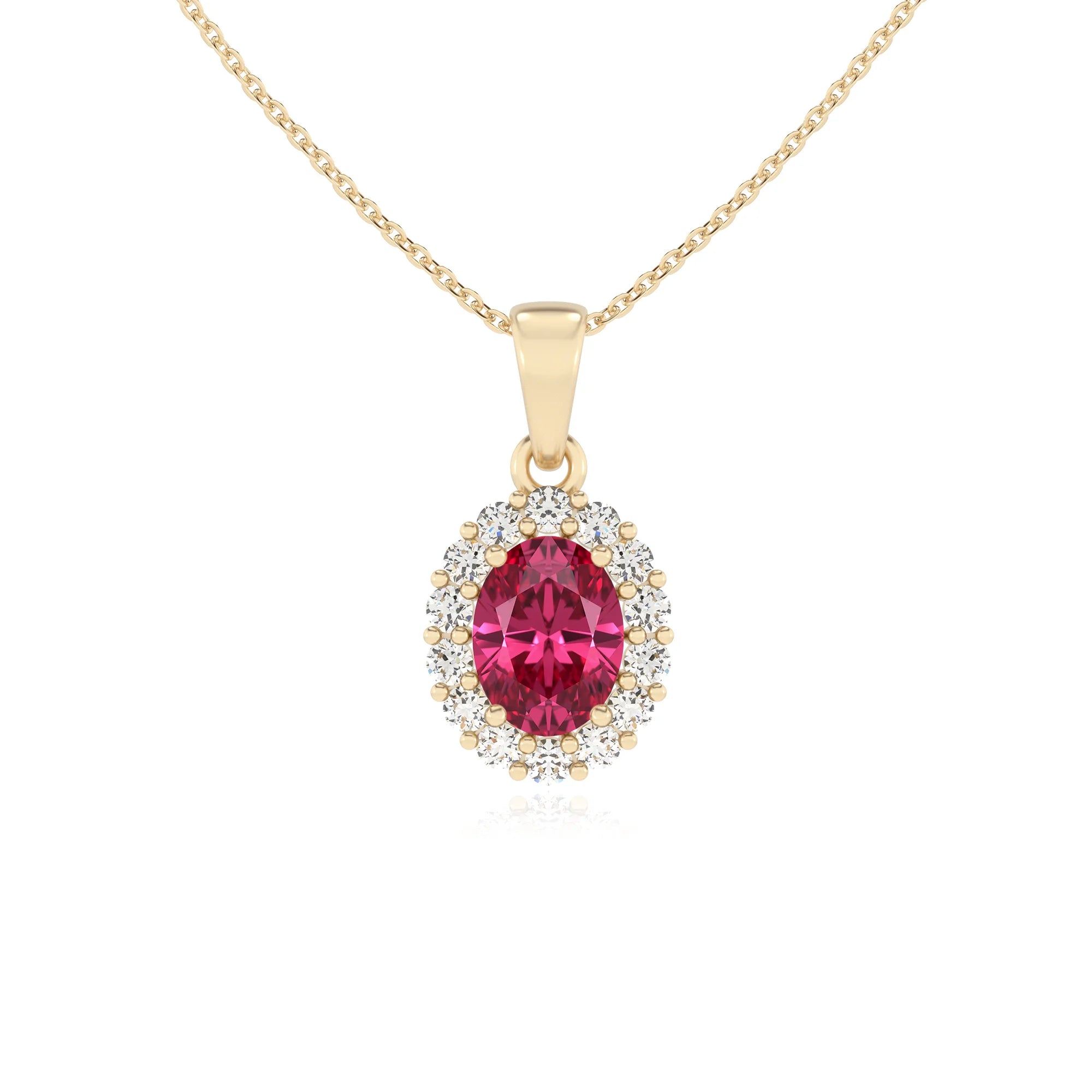 lab grown pink-tourmaline oval solitaire necklaces in yellow gold
