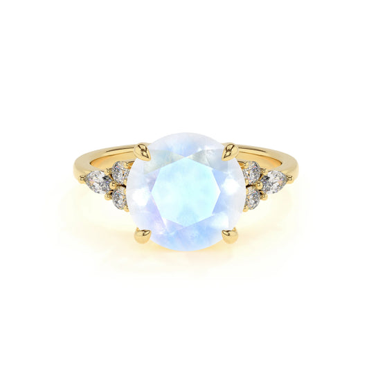 natural rainbow-moonstone round solitaire rings in yellow gold
