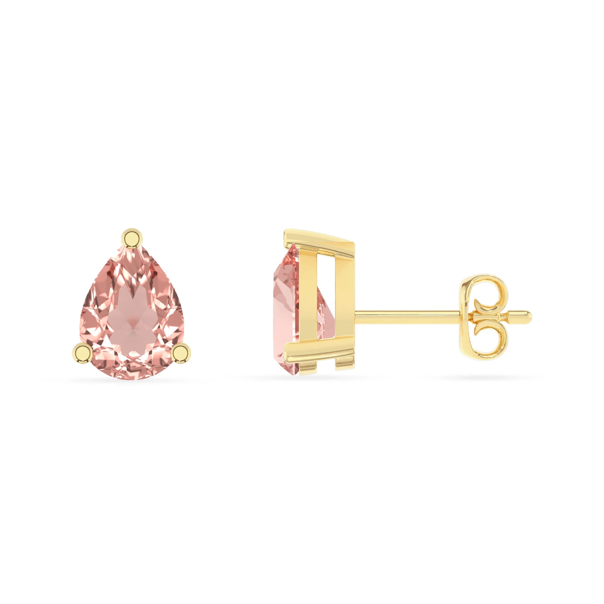 lab grown morganite pear stud earrings in yellow gold