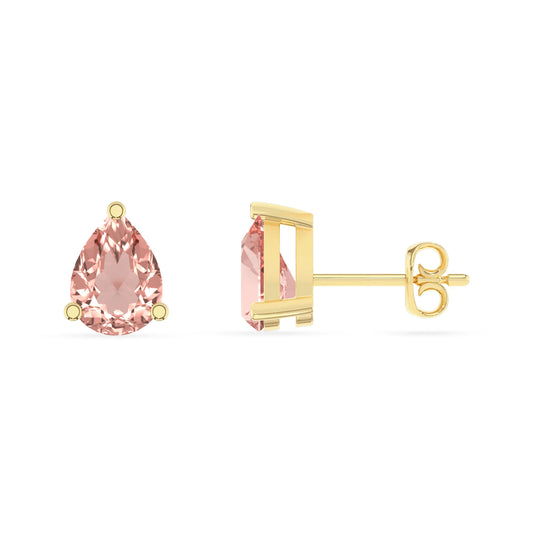 lab grown morganite pear stud earrings in yellow gold