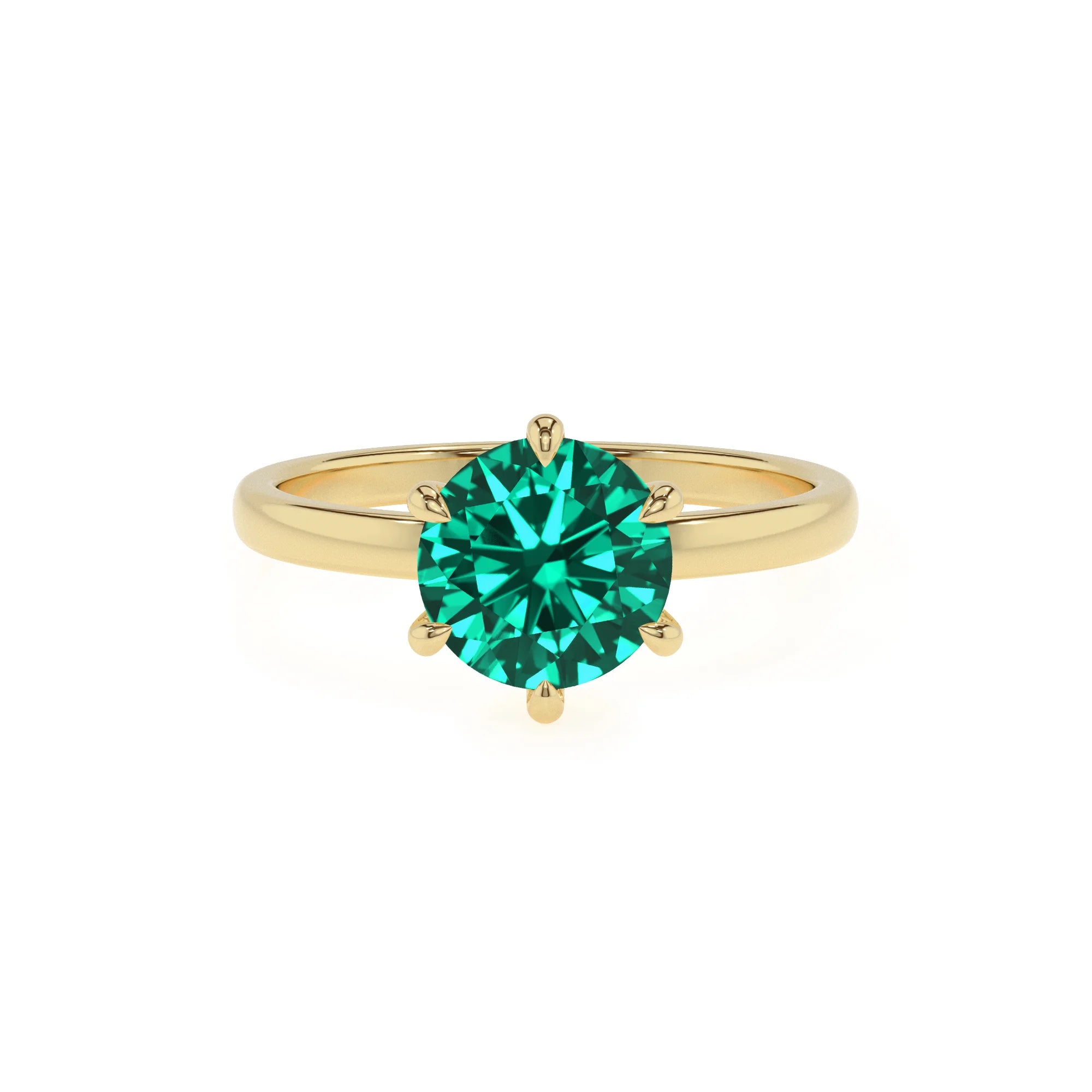 lab grown emerald round solitaire rings in yellow gold