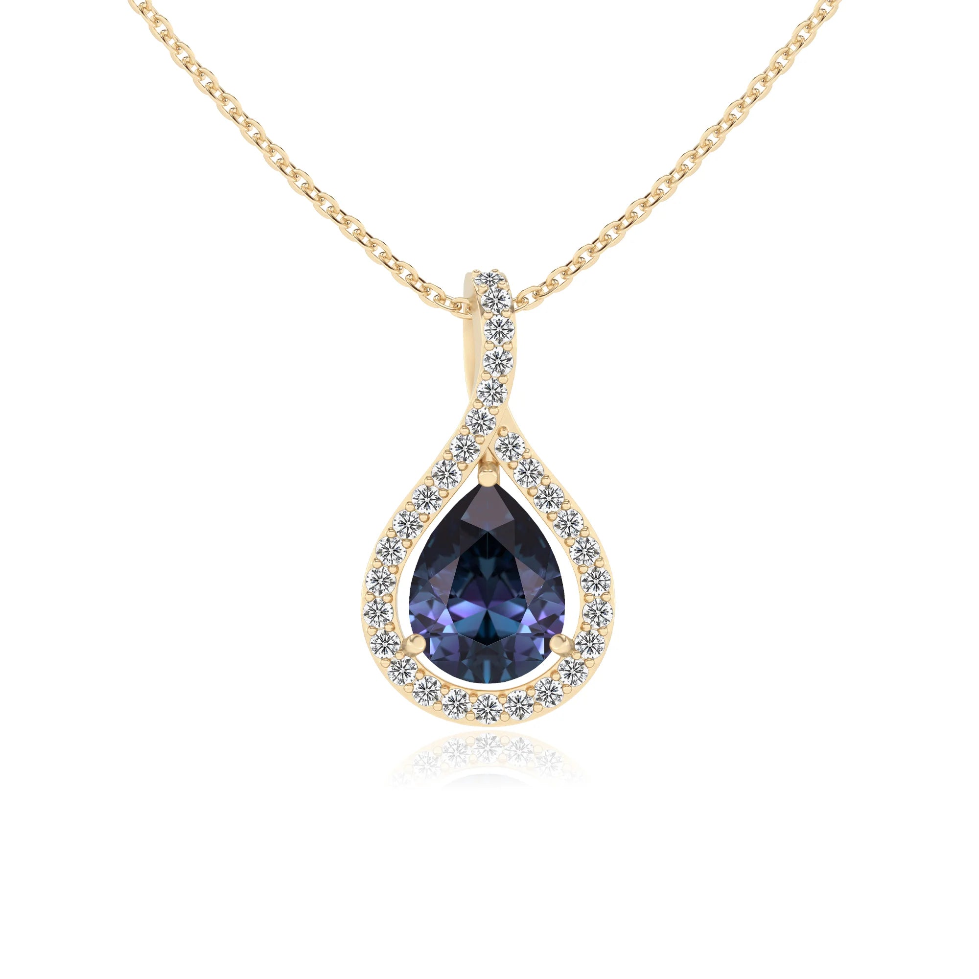 lab grown alexandrite pear solitaire necklaces in yellow gold