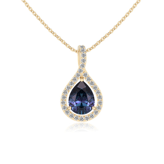 lab grown alexandrite pear solitaire necklaces in yellow gold