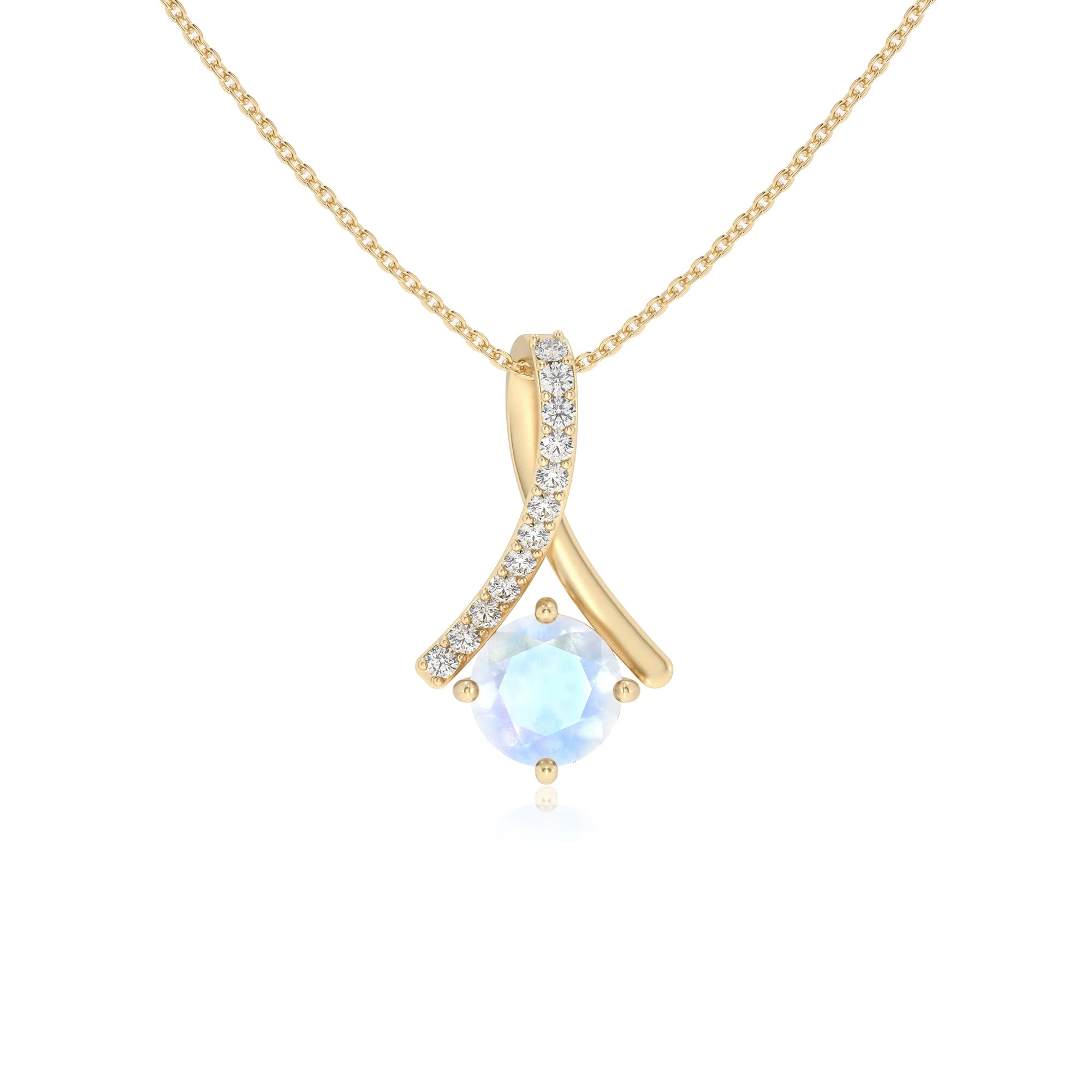 natural rainbow-moonstone round solitaire necklaces in yellow gold