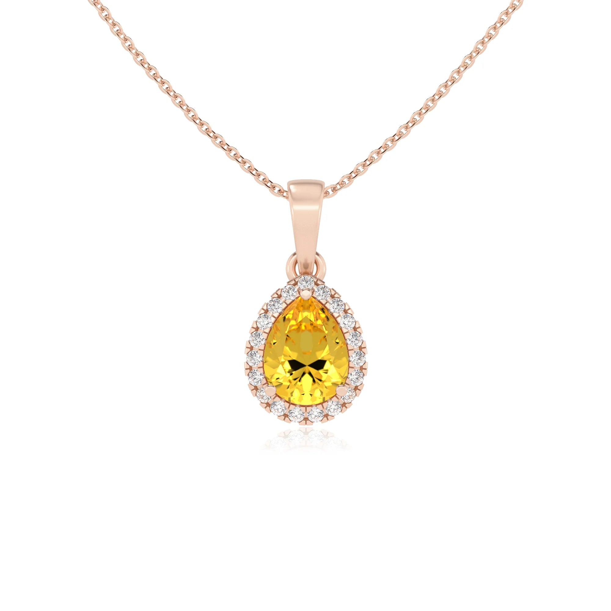 lab grown yellow-sapphire pear solitaire necklaces in rose gold
