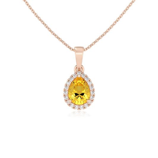 lab grown yellow-sapphire pear solitaire necklaces in rose gold