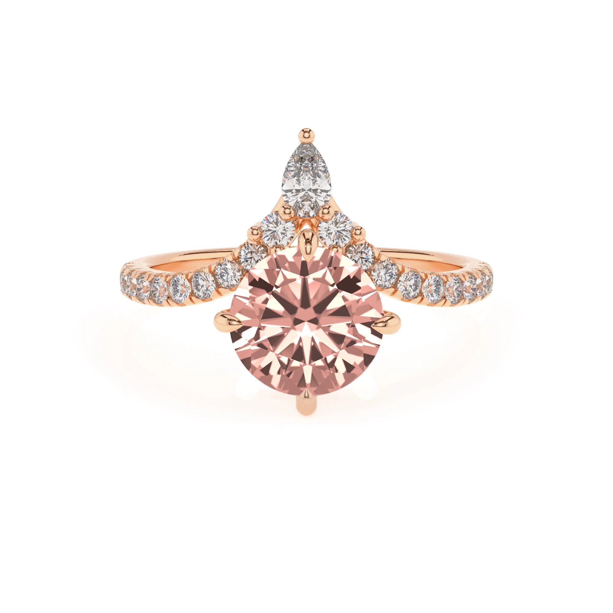 lab grown morganite round solitaire rings in rose gold