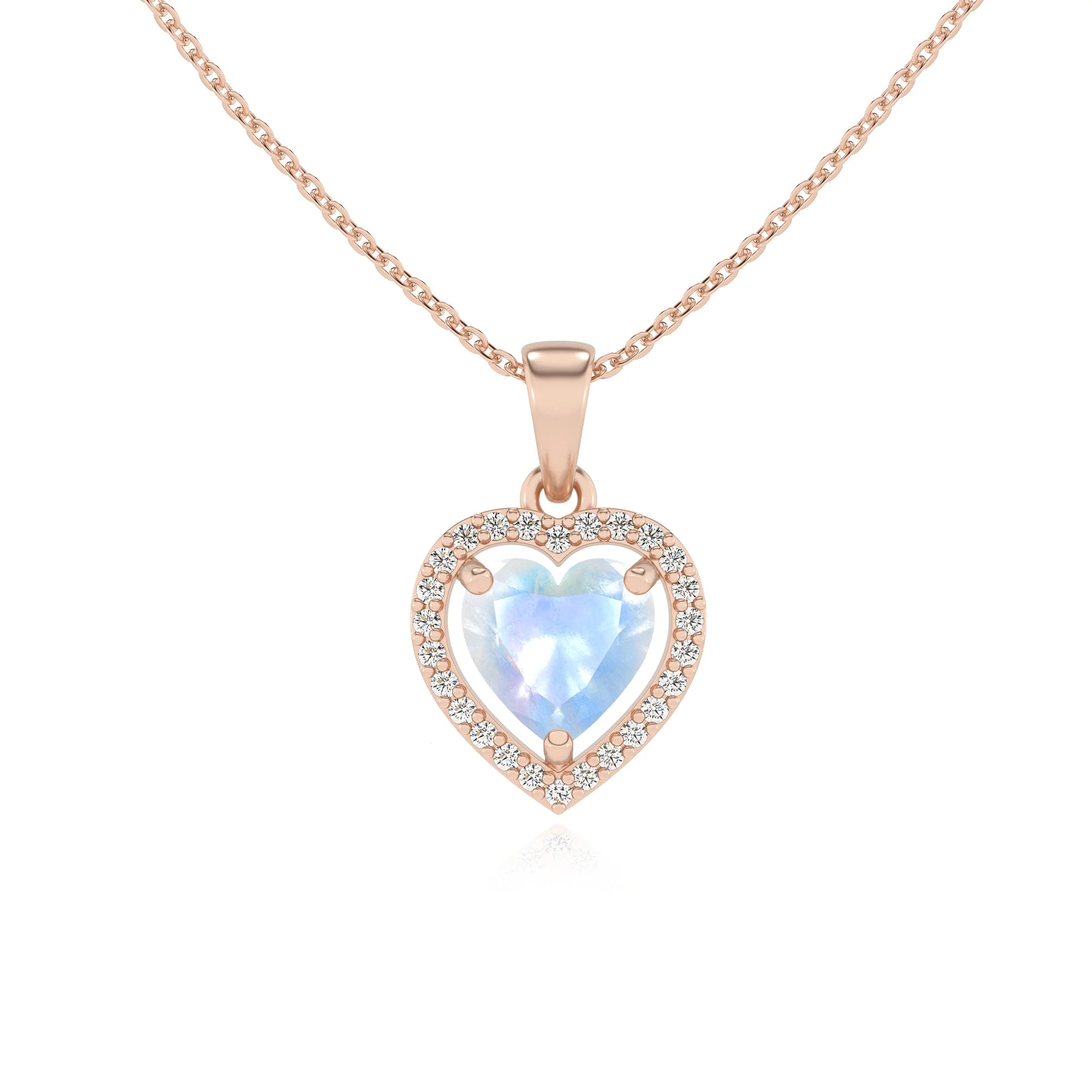 natural rainbow-moonstone heart solitaire necklaces in rose gold