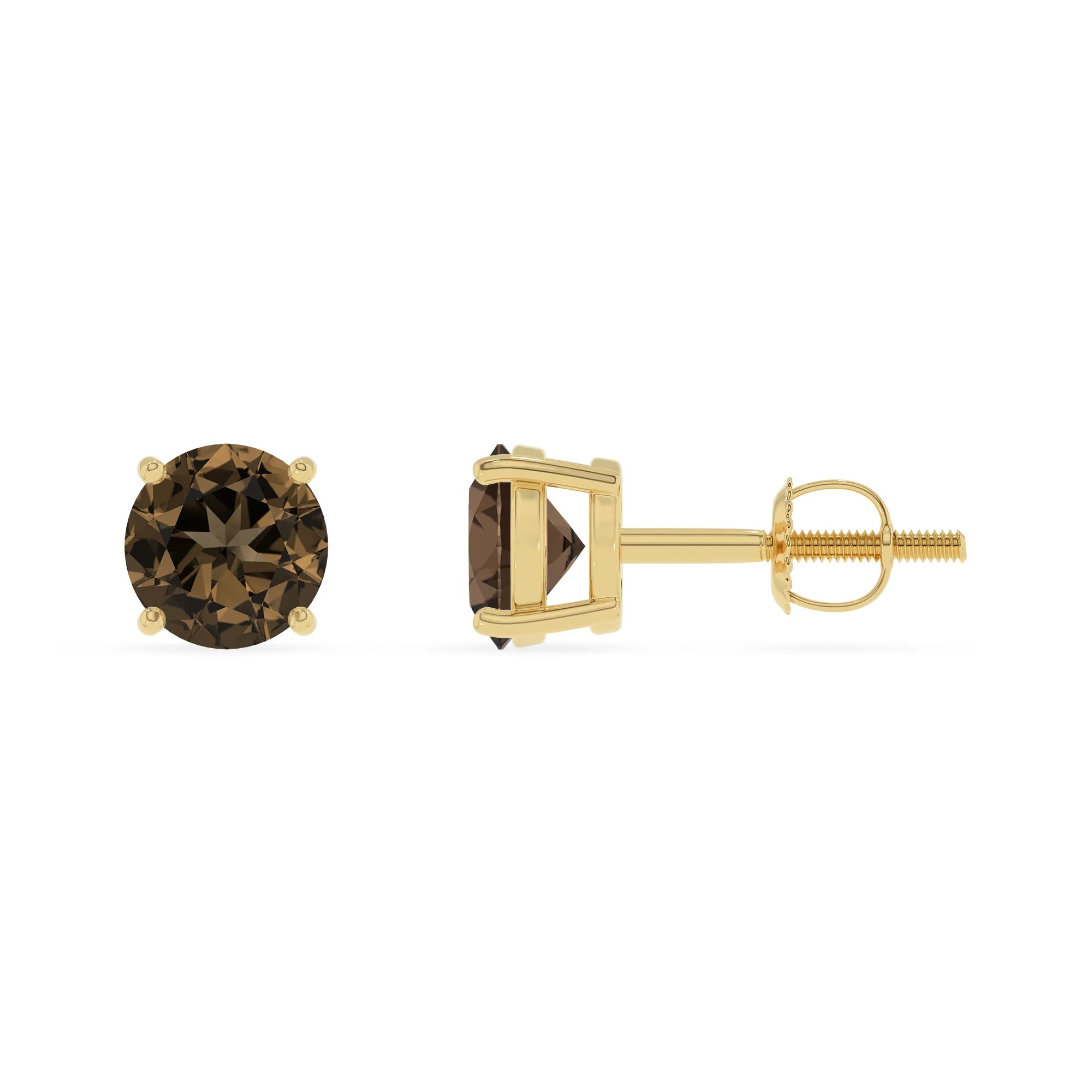 natural smoky quartz round stud earrings in yellow gold