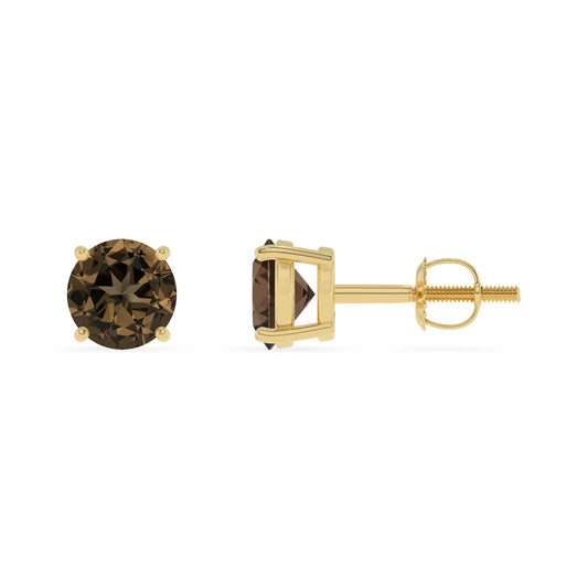 natural smoky quartz round stud earrings in yellow gold