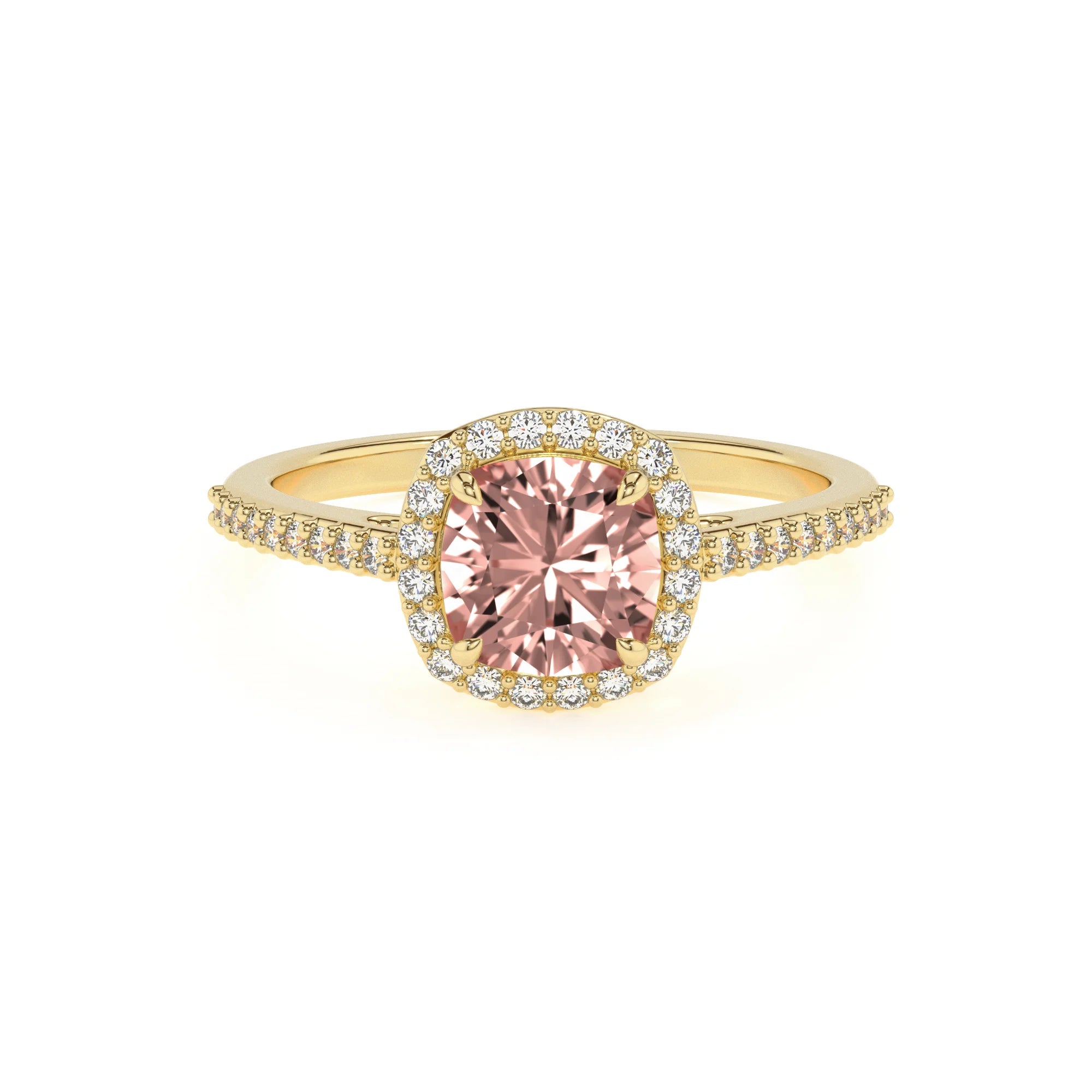 lab grown morganite cushion solitaire rings in yellow gold