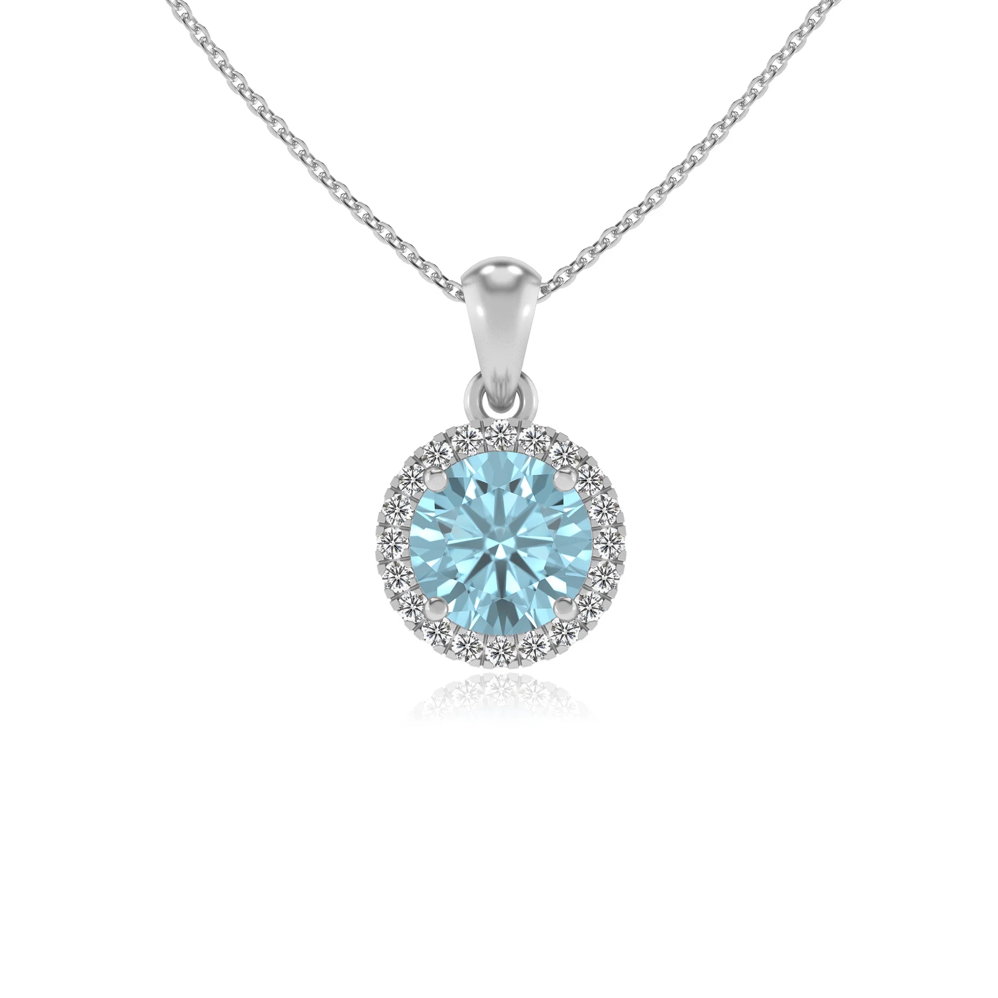 lab grown aquamarine round solitaire necklaces in platinum