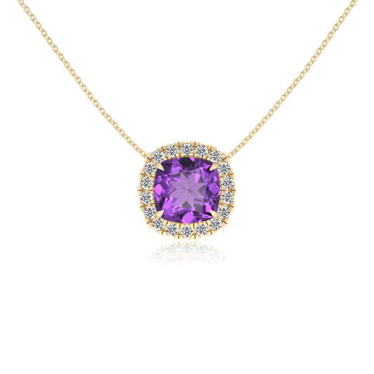 lab grown amethyst cushion solitaire necklaces in yellow gold