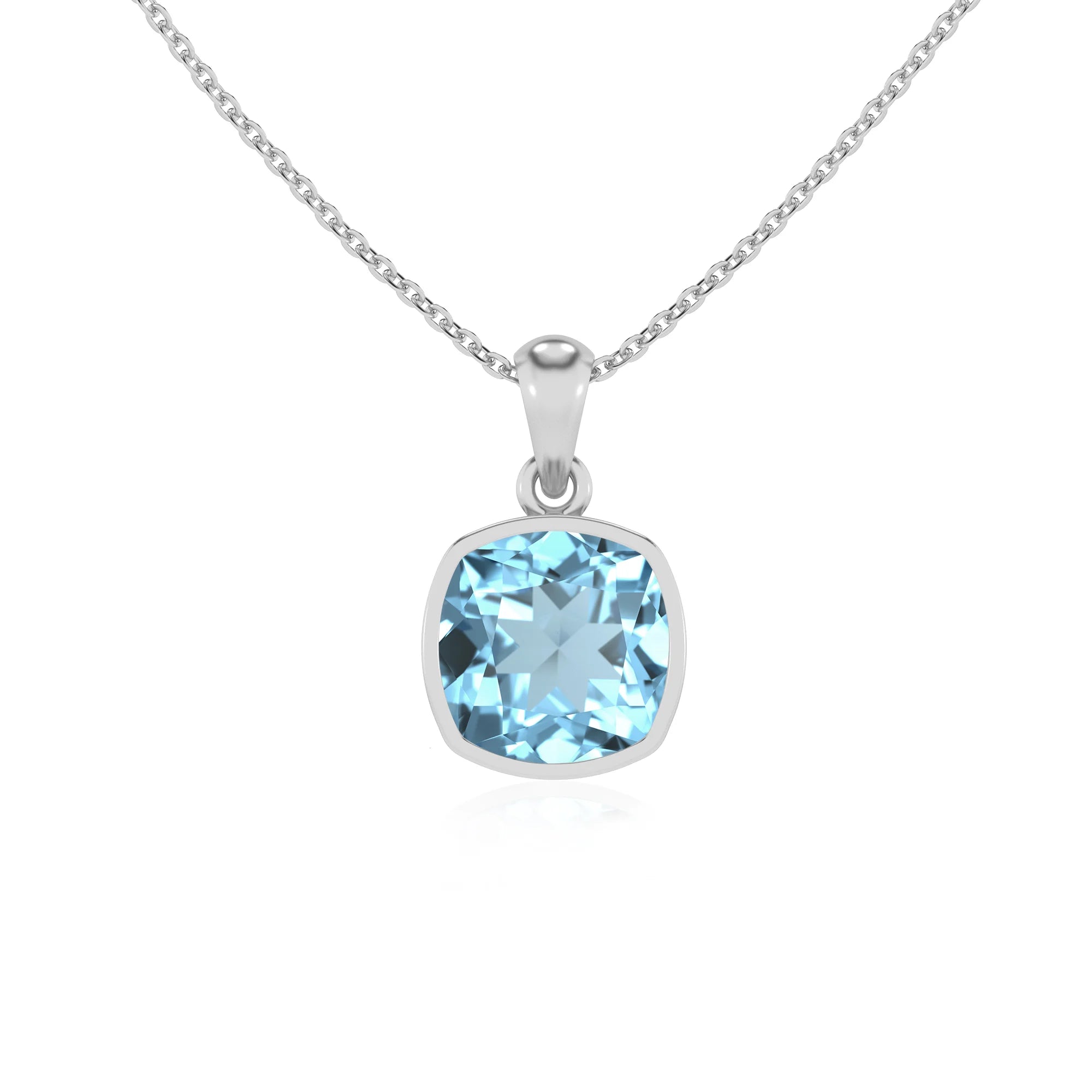 lab grown aquamarine cushion solitaire necklaces in sterling silver