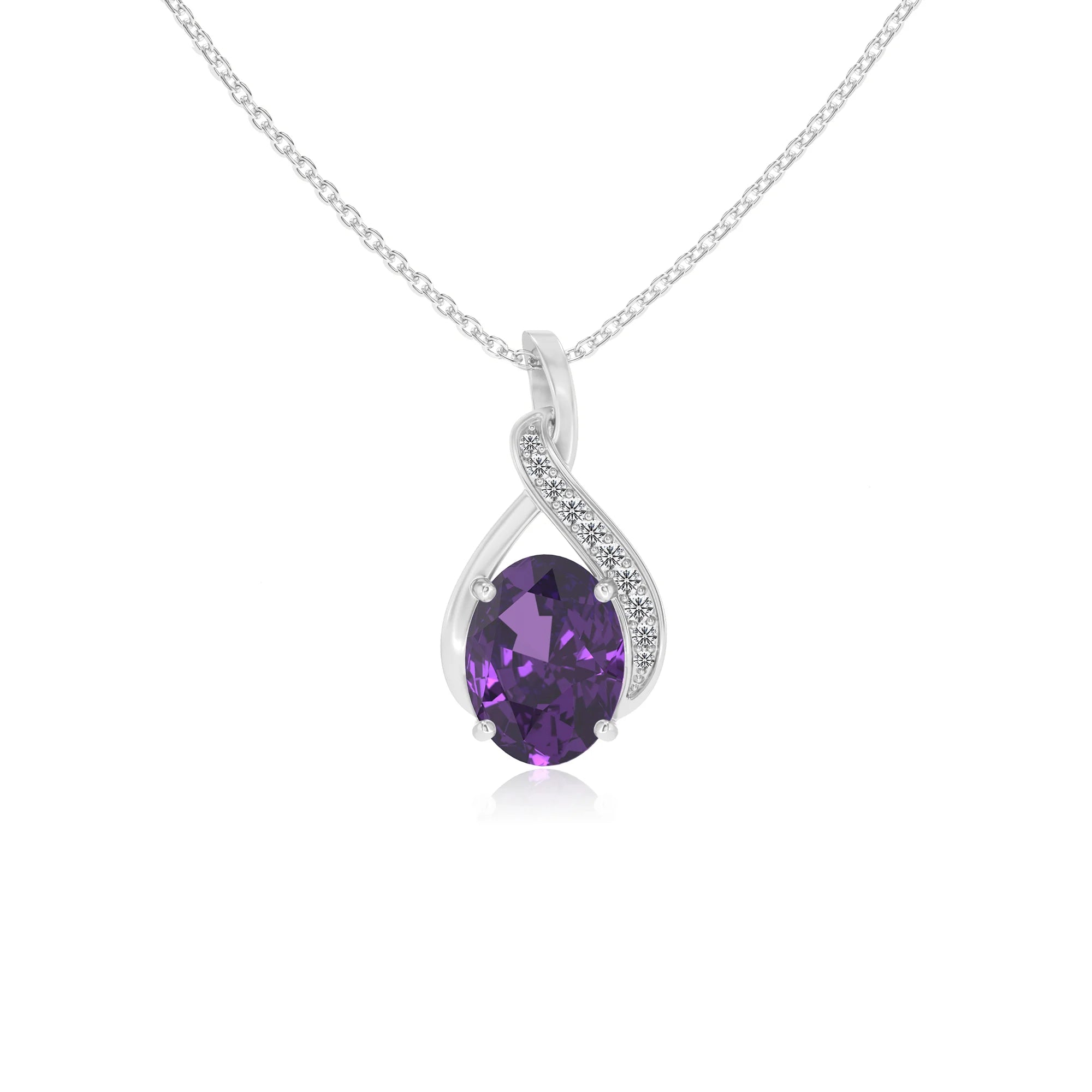 lab grown amethyst oval solitaire necklaces in white gold
