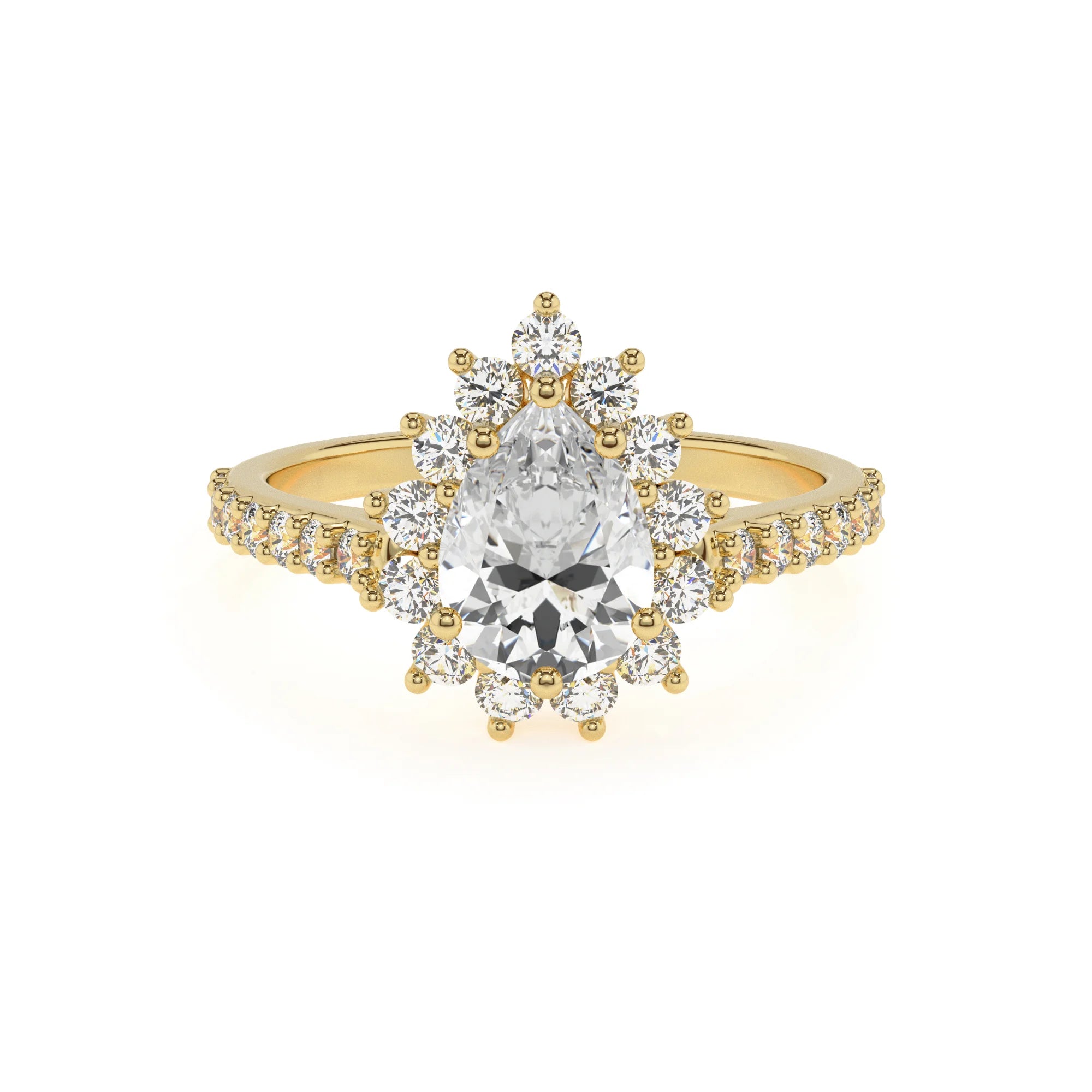 lab grown moissanite pear solitaire rings in yellow gold