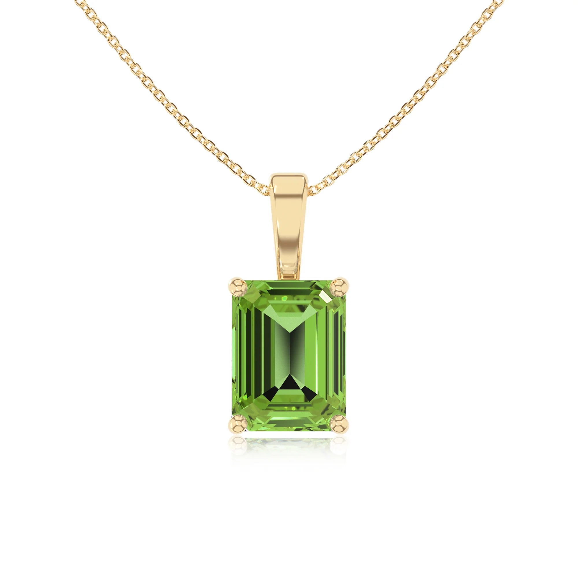 natural peridot emerald cut solitaire necklaces in yellow gold