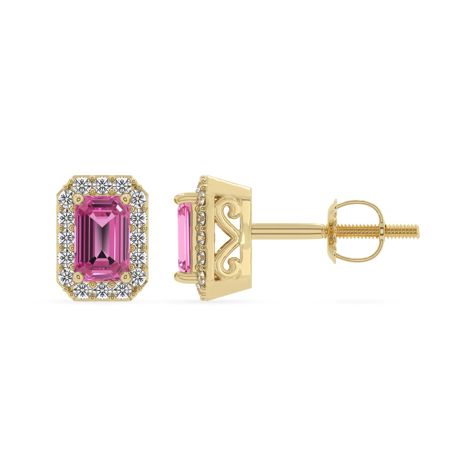 lab grown pink sapphire emerald cut stud earrings in yellow gold