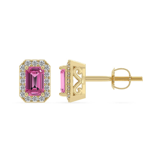 lab grown pink sapphire emerald cut stud earrings in yellow gold