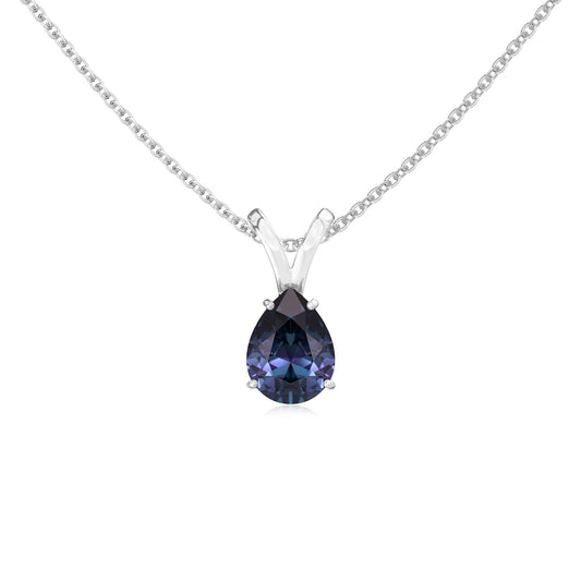 lab grown alexandrite pear solitaire v-bale necklaces in white gold