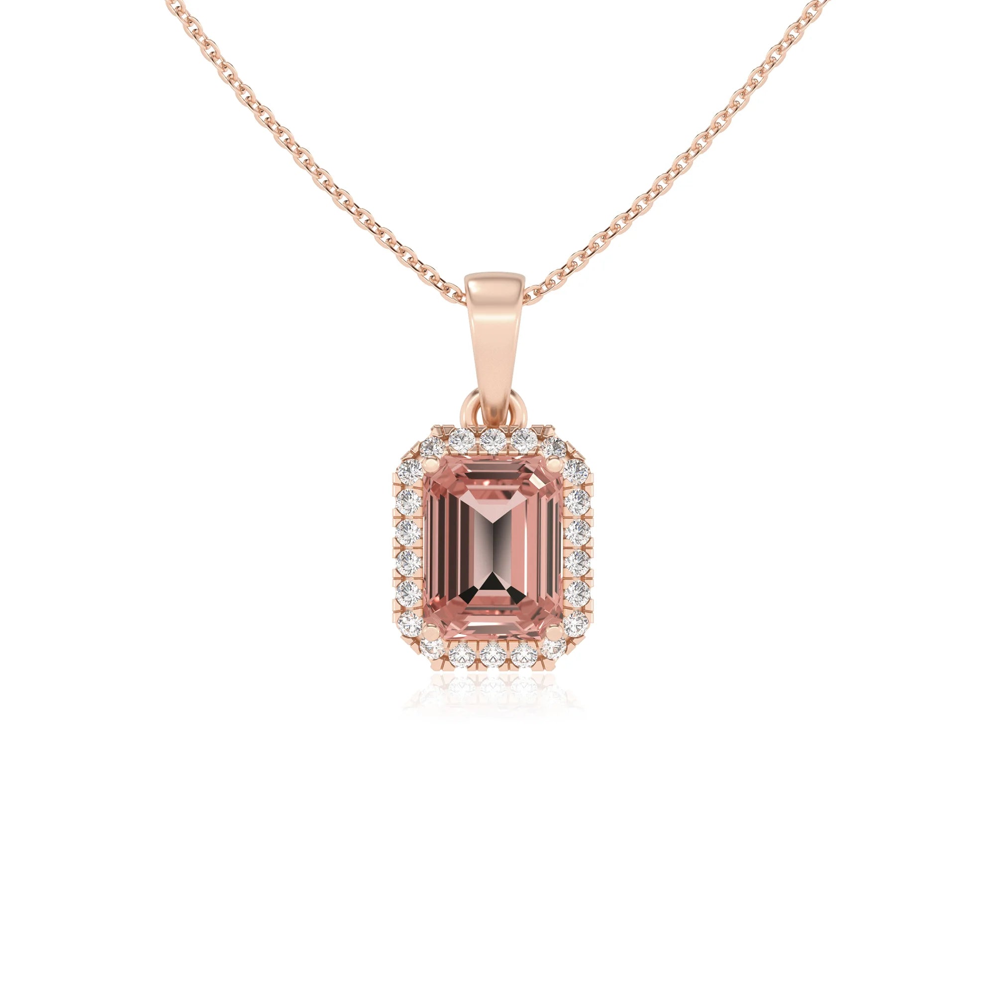 lab grown morganite emerald cut solitaire necklaces in rose gold
