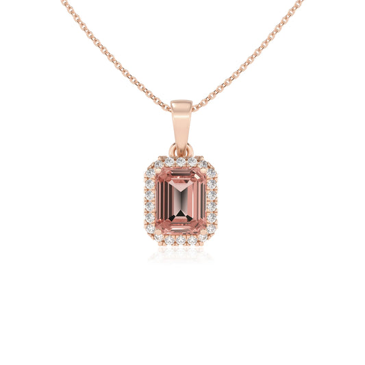 lab grown morganite emerald cut solitaire necklaces in rose gold