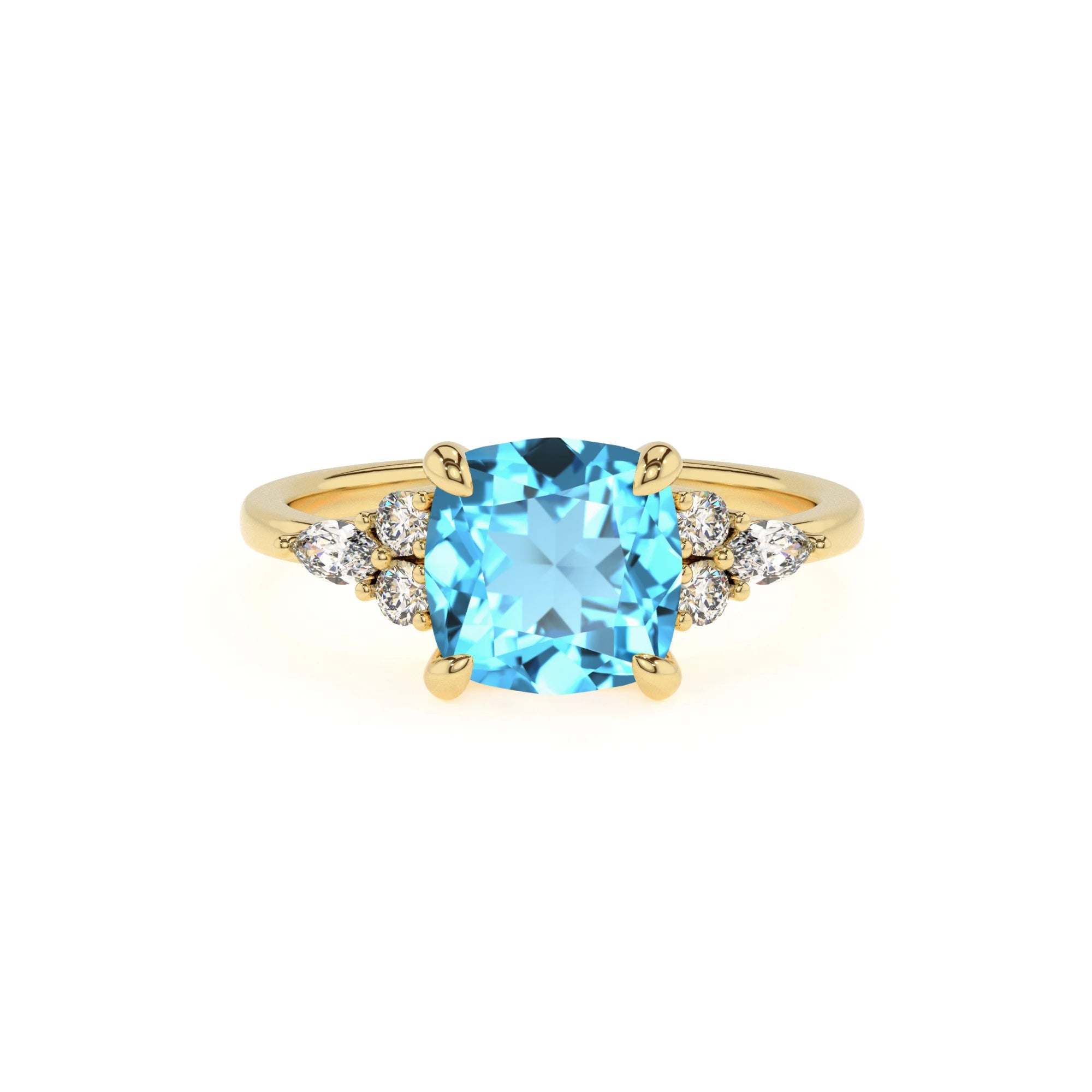 natural swiss-blue-topaz cushion solitaire rings in yellow gold