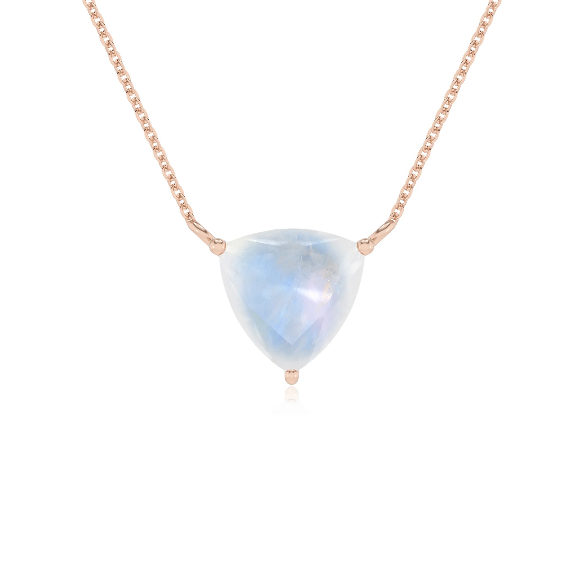 natural rainbow-moonstone trillion solitaire necklaces in rose gold