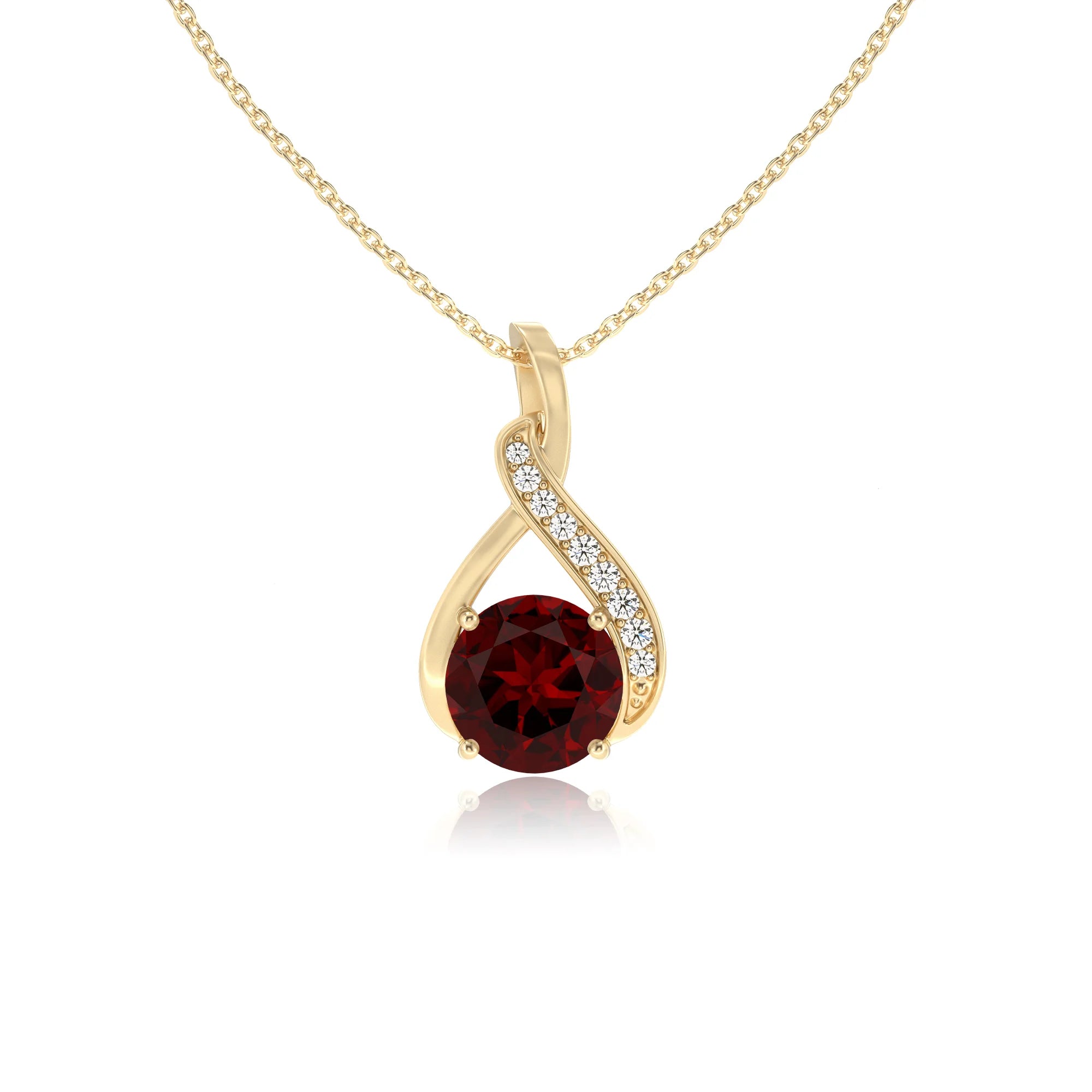 natural garnet round solitaire necklaces in yellow gold