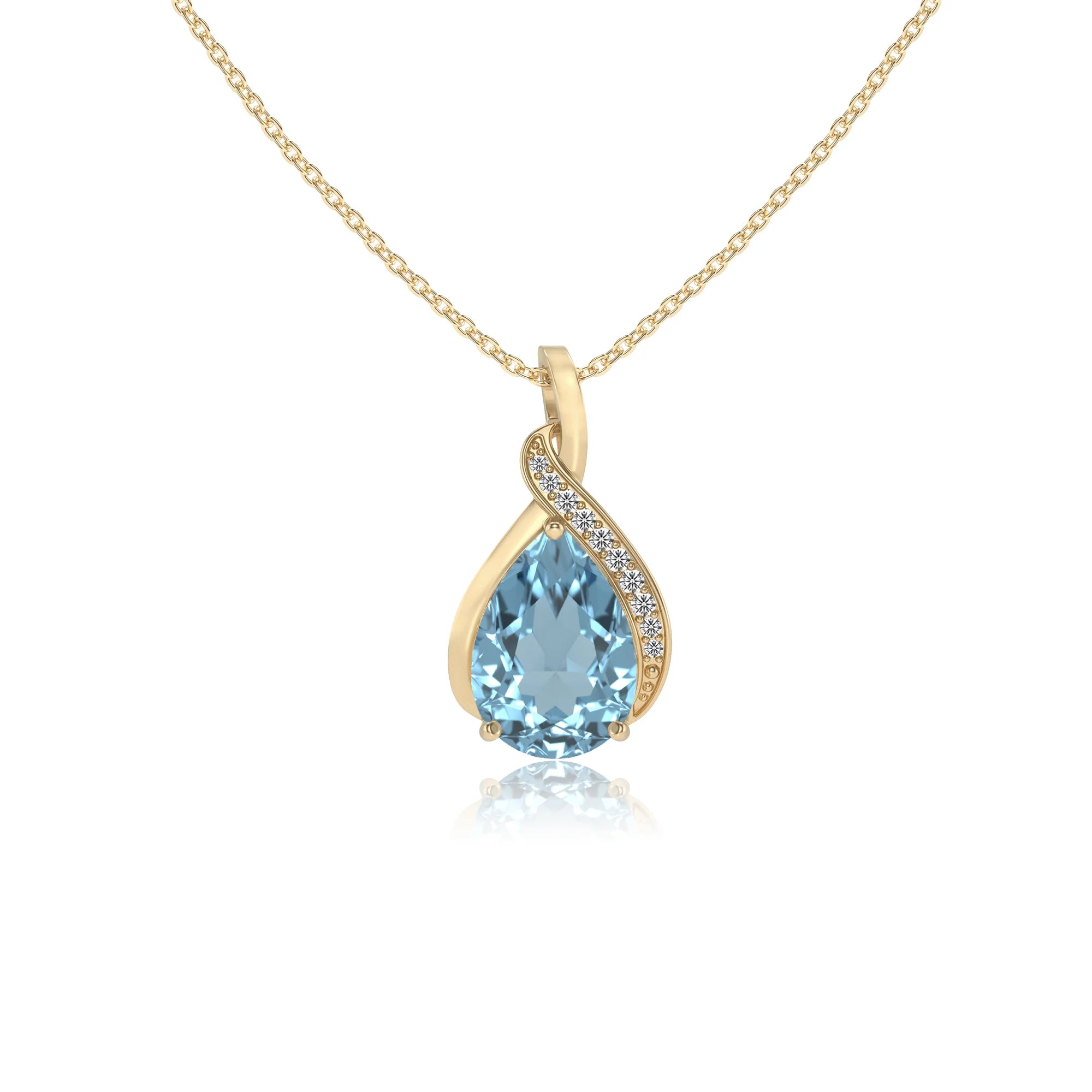lab grown aquamarine pear solitaire necklaces in yellow gold