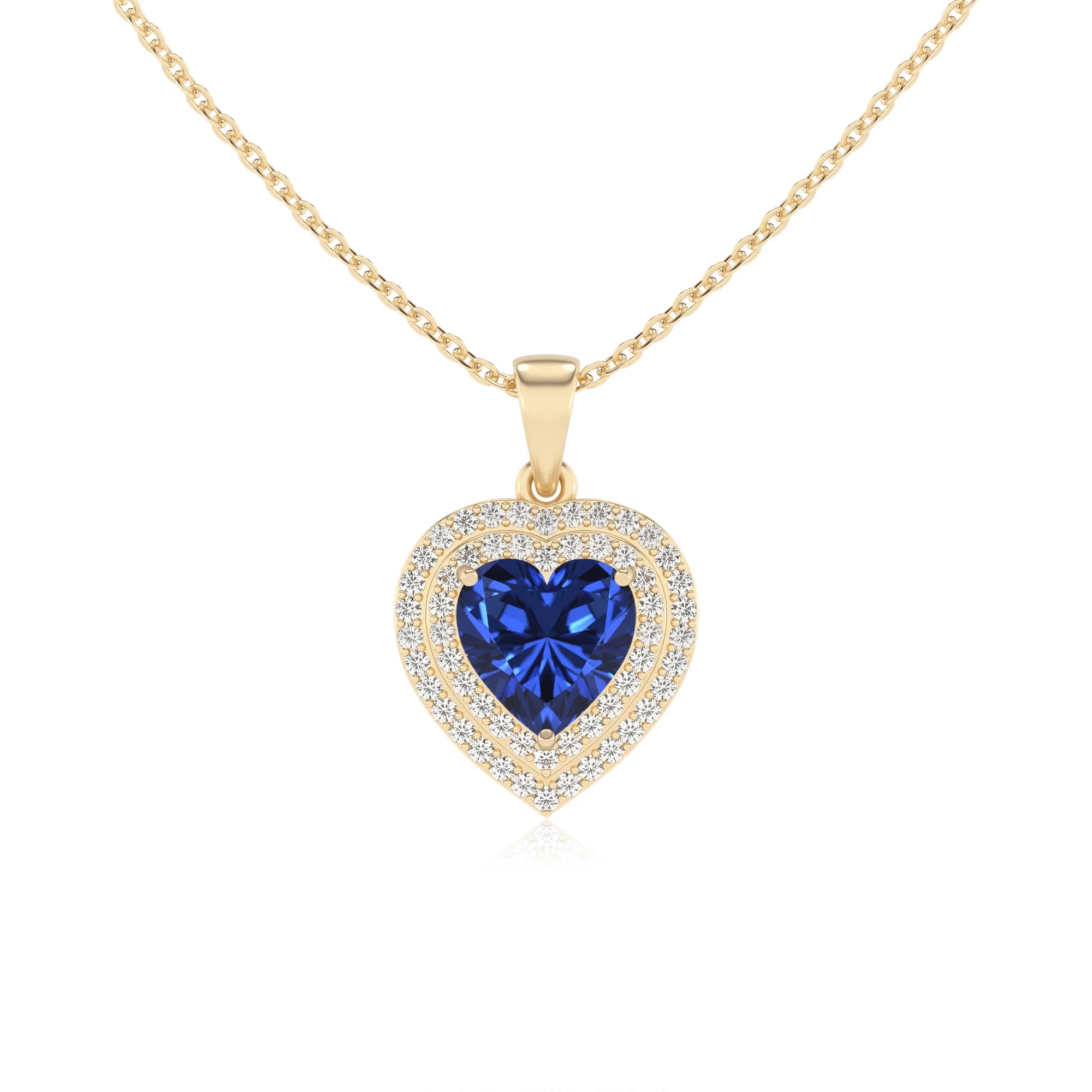 lab grown blue sapphire heart halo necklaces in yellow gold