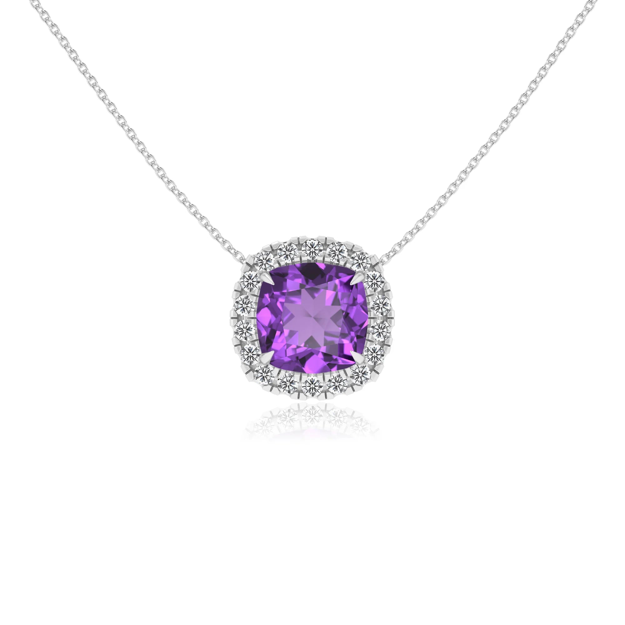 lab grown amethyst cushion solitaire necklaces in white gold