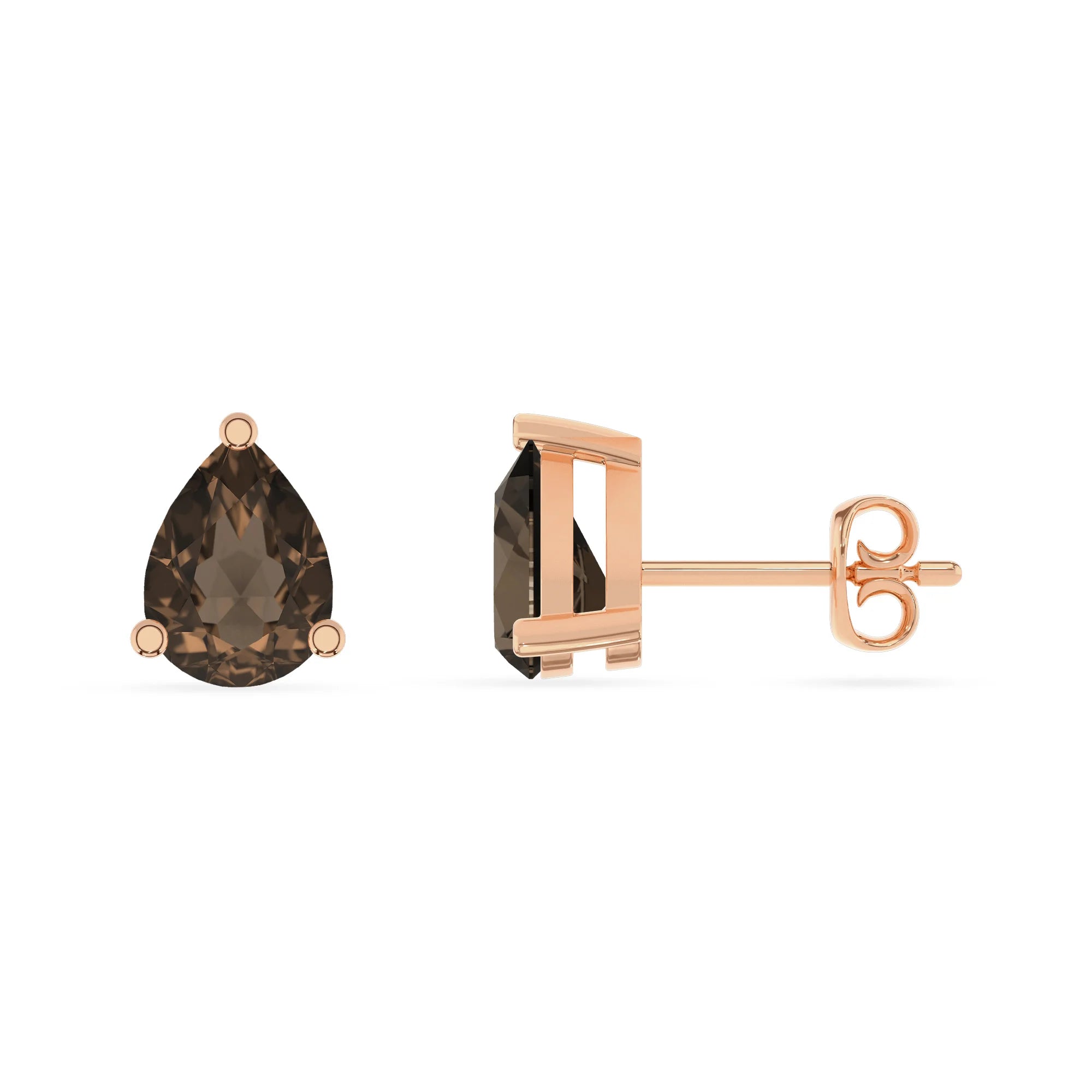 natural smoky quartz pear stud earrings in rose gold