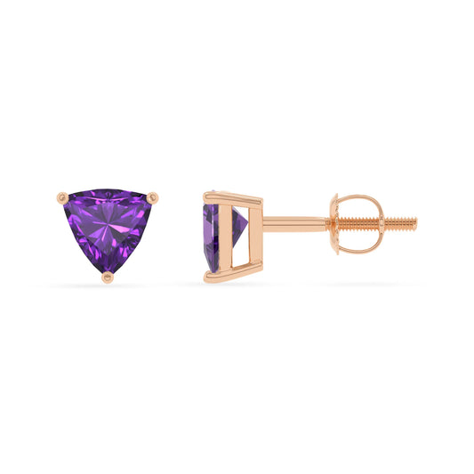 lab grown amethyst trillion stud earrings in rose gold